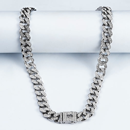 12.5mm Silver Iced Out Miami Cuban Chain -316L