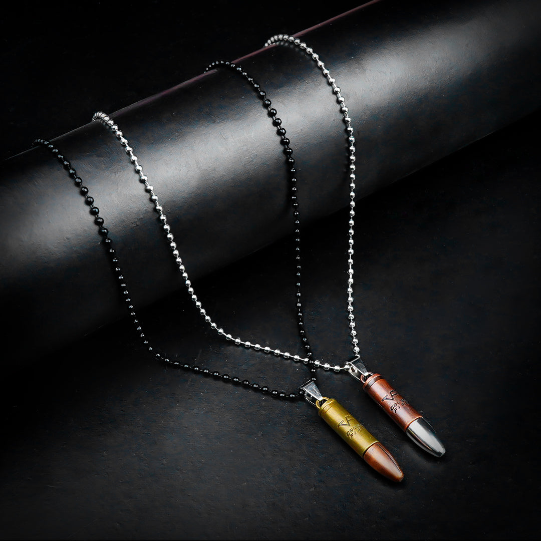 Fire Bullet Couple pendant with Silver & Black bead chain -316L