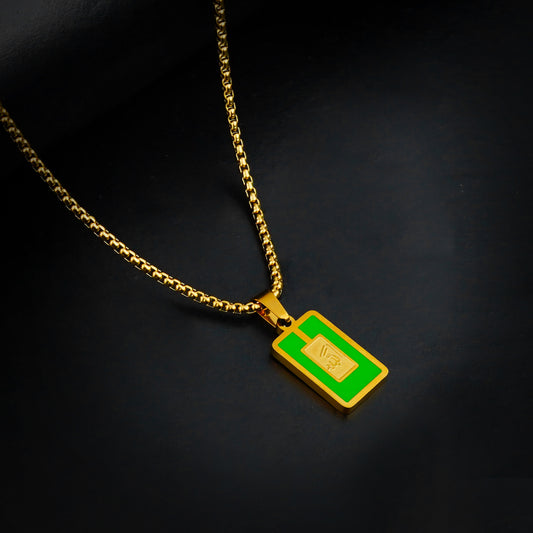 Green Allah Pendant with a Golden Round-Cut Chain - 316L