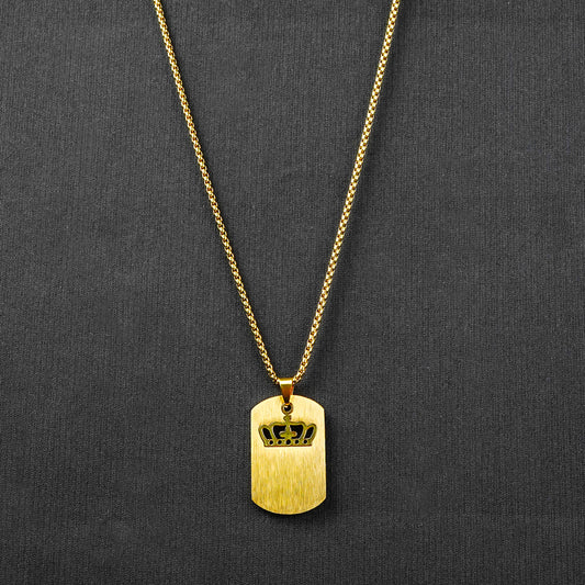 Golden Engraving Crown Rectangle pendant with Roundcut chain