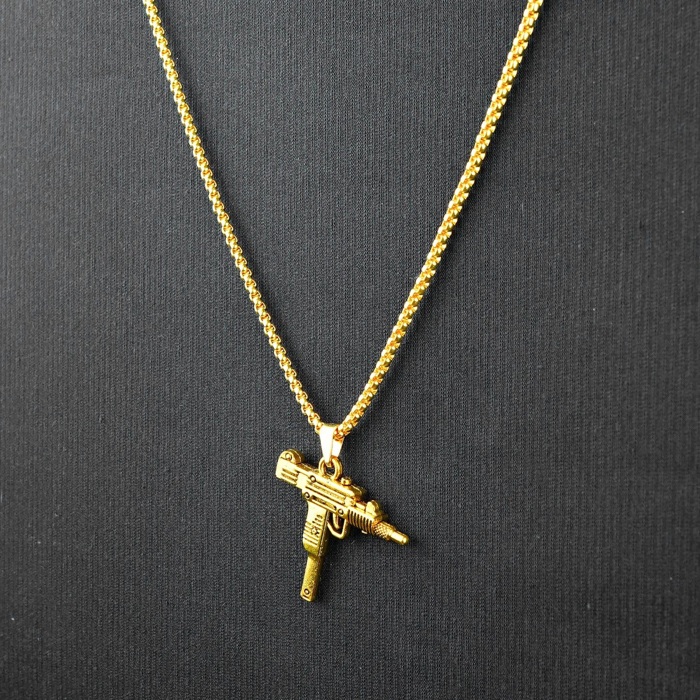 Golden Uzi Gun Pendant with Golden Roundcut Chain -316L