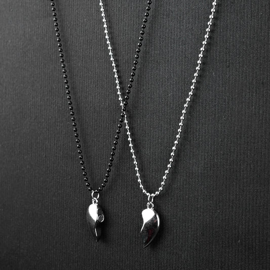 Magnetic Broken Heart Couple pendant with Silver & Black bead chain -316L