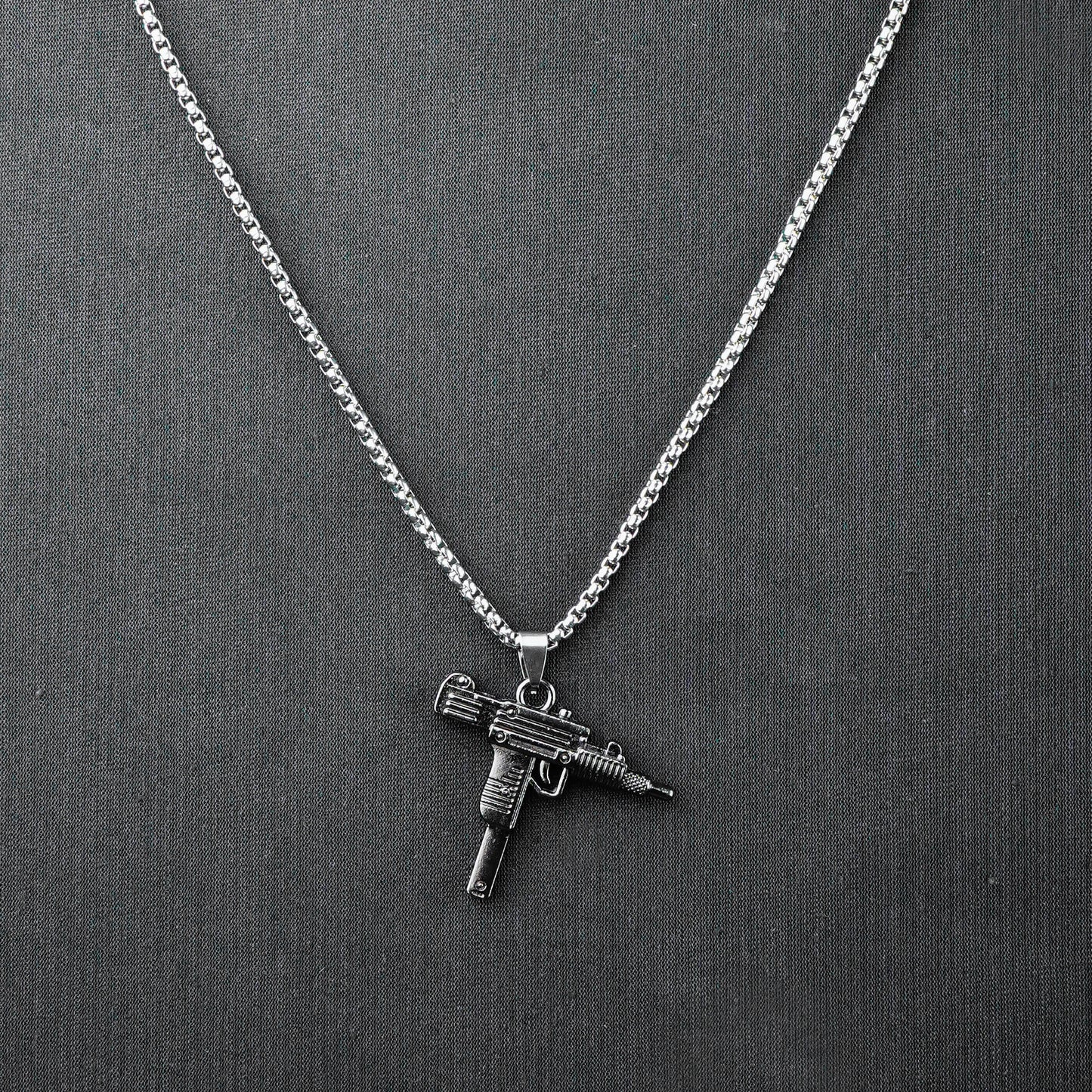Silver Uzi Gun Pendant with Golden Roundcut Chain -316L