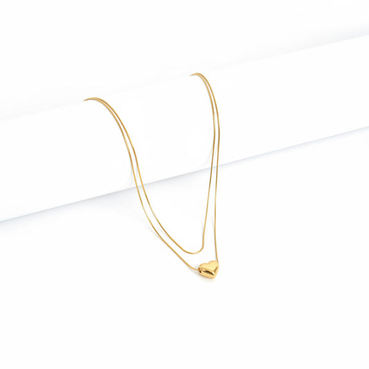 Golden Double Chain Plain Heart Necklace with Golden Round Snake Chain -316L