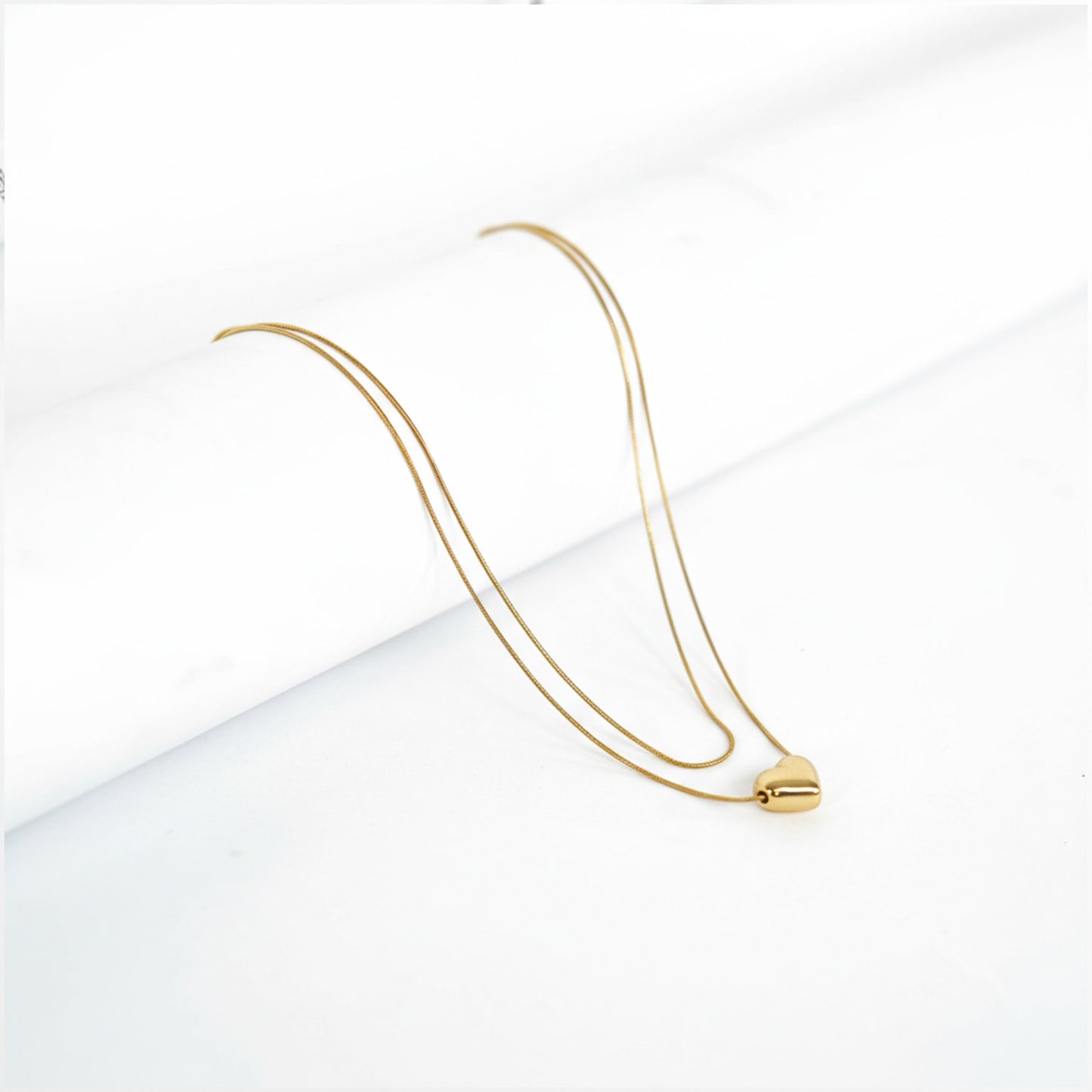 Golden Double Chain Plain Heart Necklace with Golden Round Snake Chain -316L