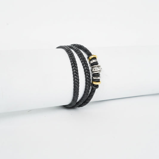 Black Triple Layer Leather Strap Bracelet