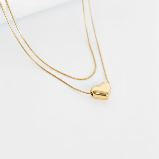 Golden Double Chain Plain Heart Necklace with Golden Round Snake Chain -316L