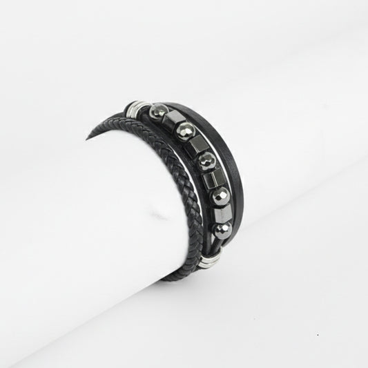 Black Braided Triple Leather Strap Bracelet