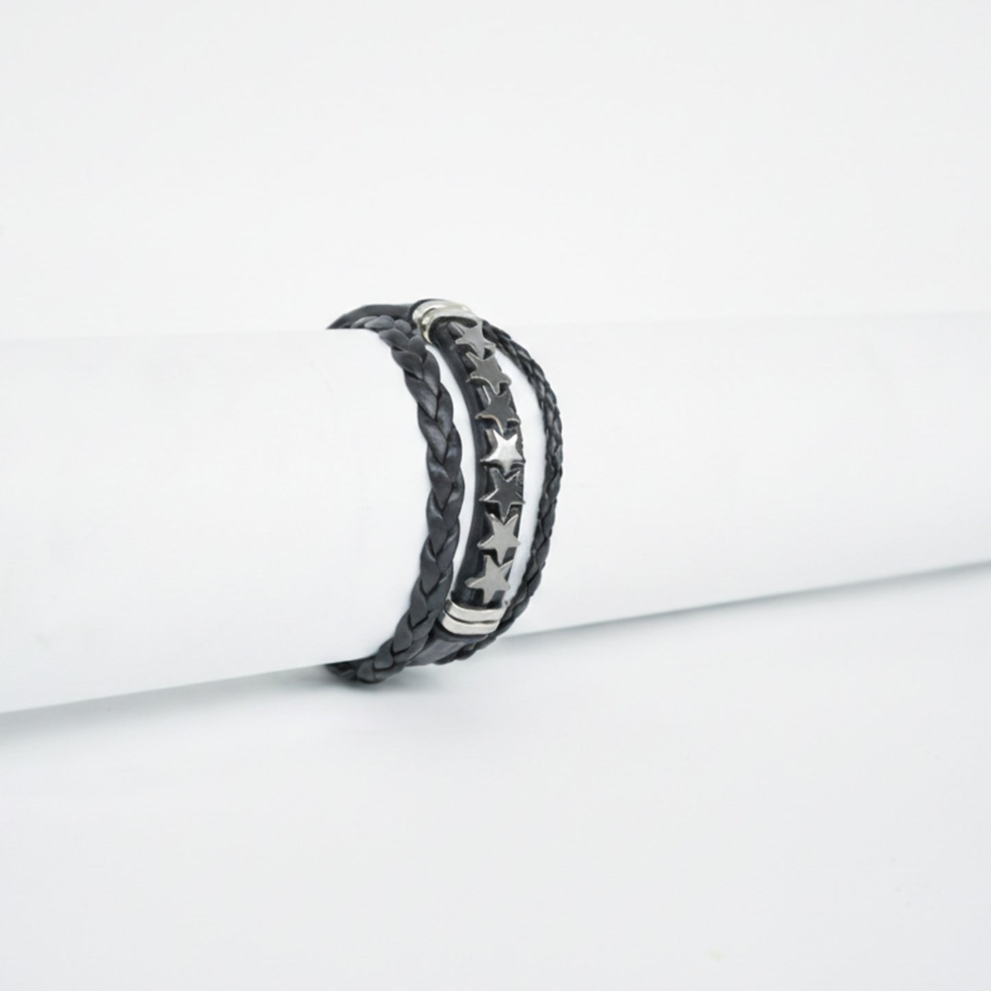 Silver Star Triple Layer Leather Strap Bracelet