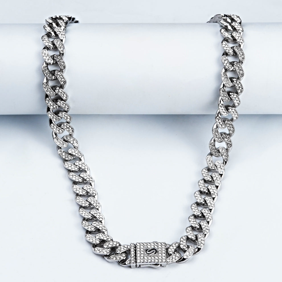12.5mm Silver Iced Out Miami Cuban Chain -316L