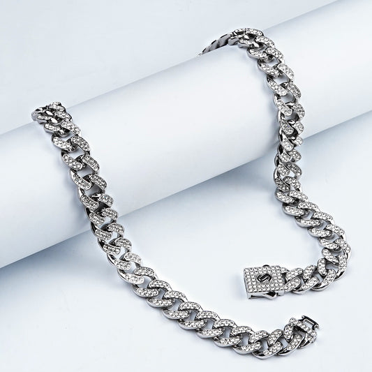 12.5mm Silver Iced Out Miami Cuban Chain -316L