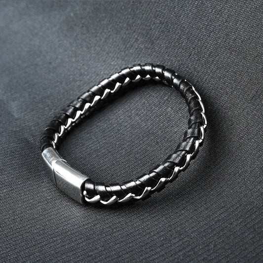 12mm Silver weave leather bracelet -316L