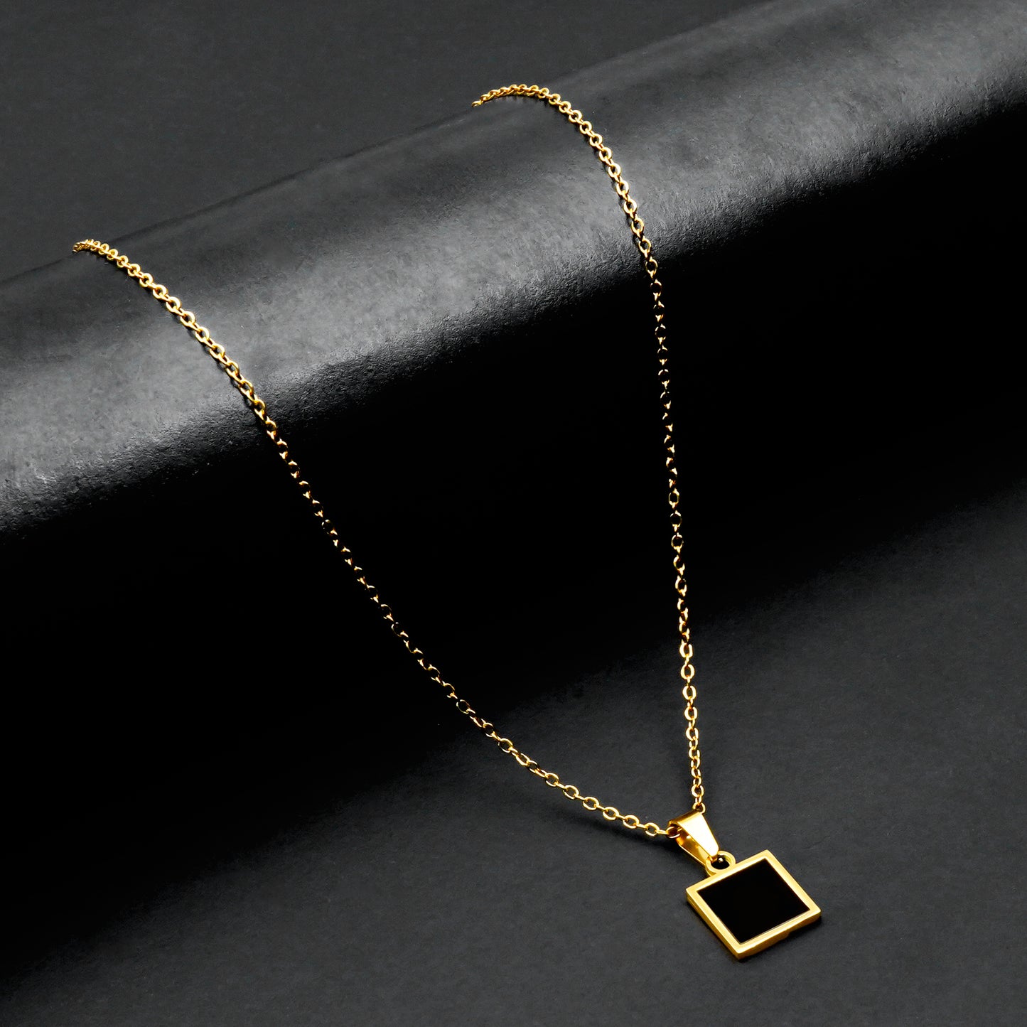 Black Square pendant with golden cable chain -316L