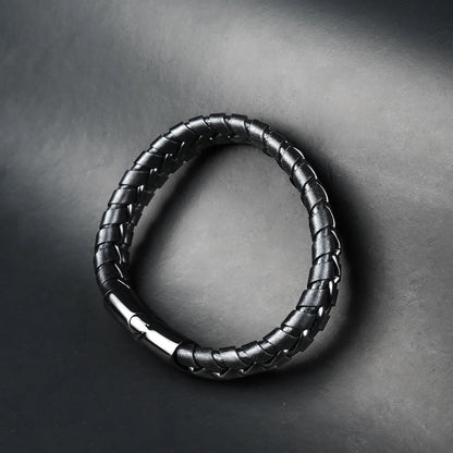 12mm Black Weave Leather Bracelet -316L