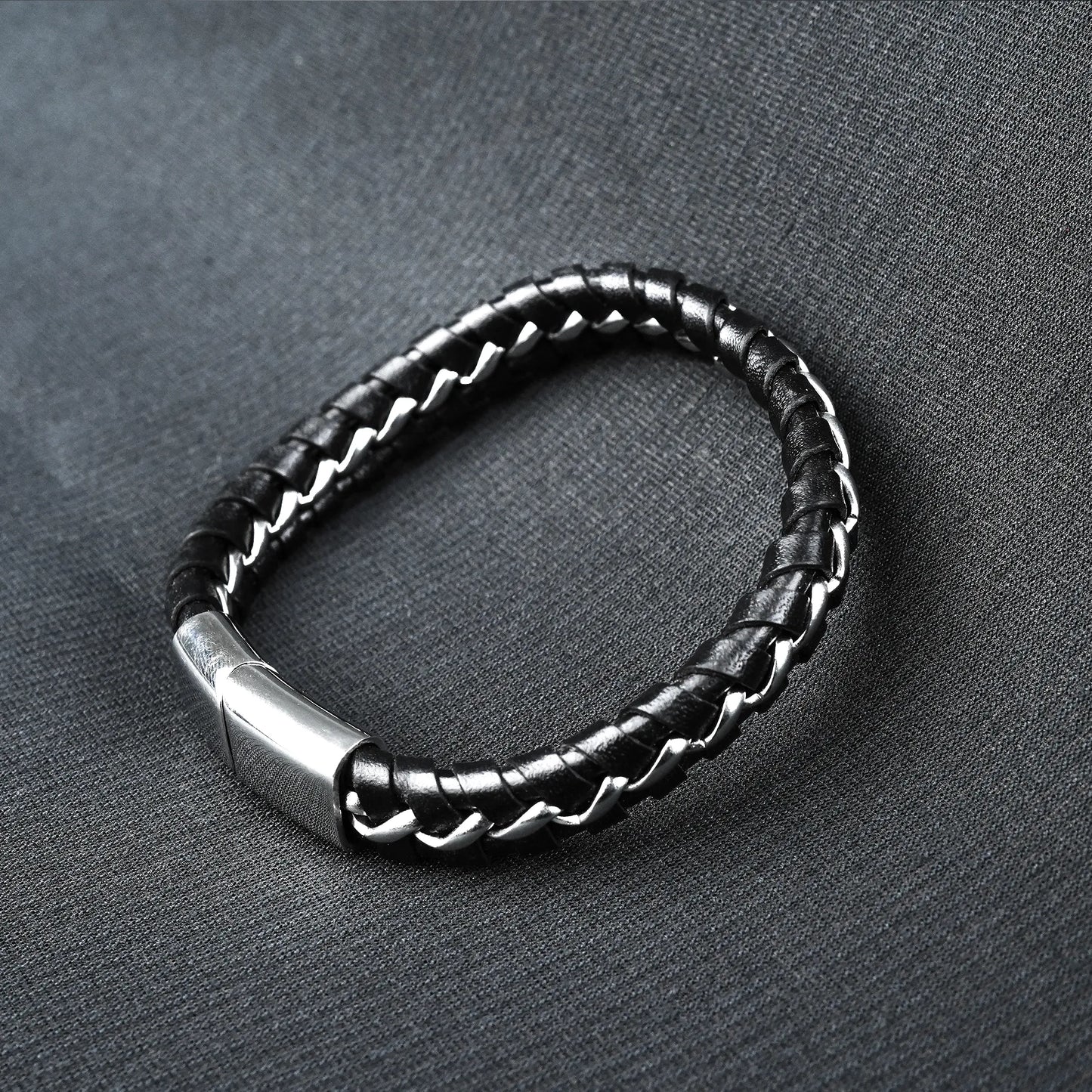 12mm Silver weave leather bracelet -316L