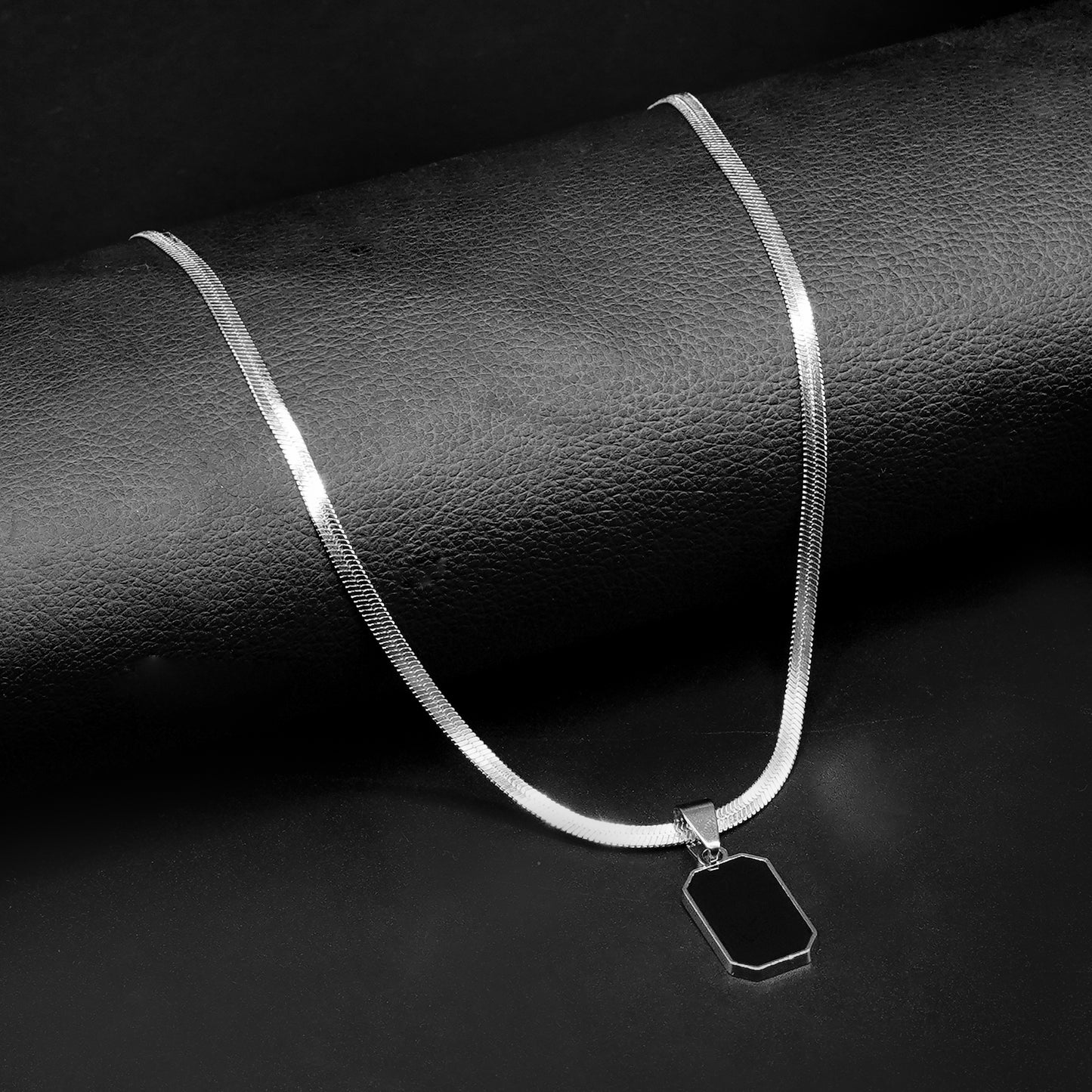 Silver Rectangular Pendant with Silver Herringbone Chain -316L
