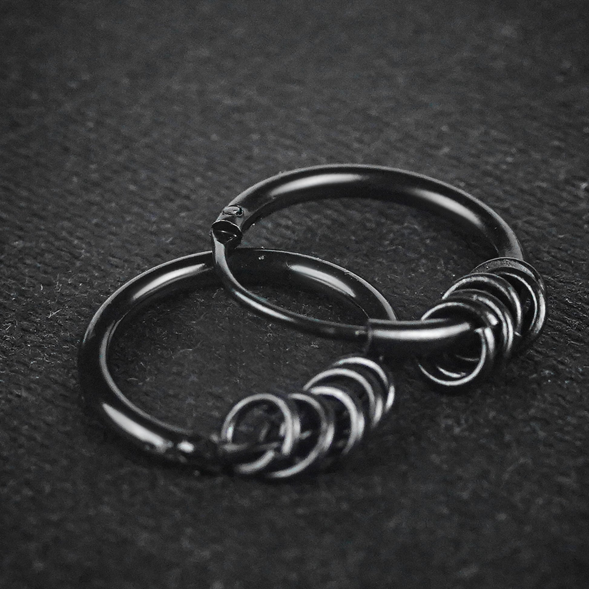 Black Round Hoop Silver Earrings
