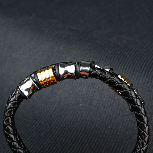 12mm Brown Woven Leather Bracelet with Silver & Golden Touch -316L