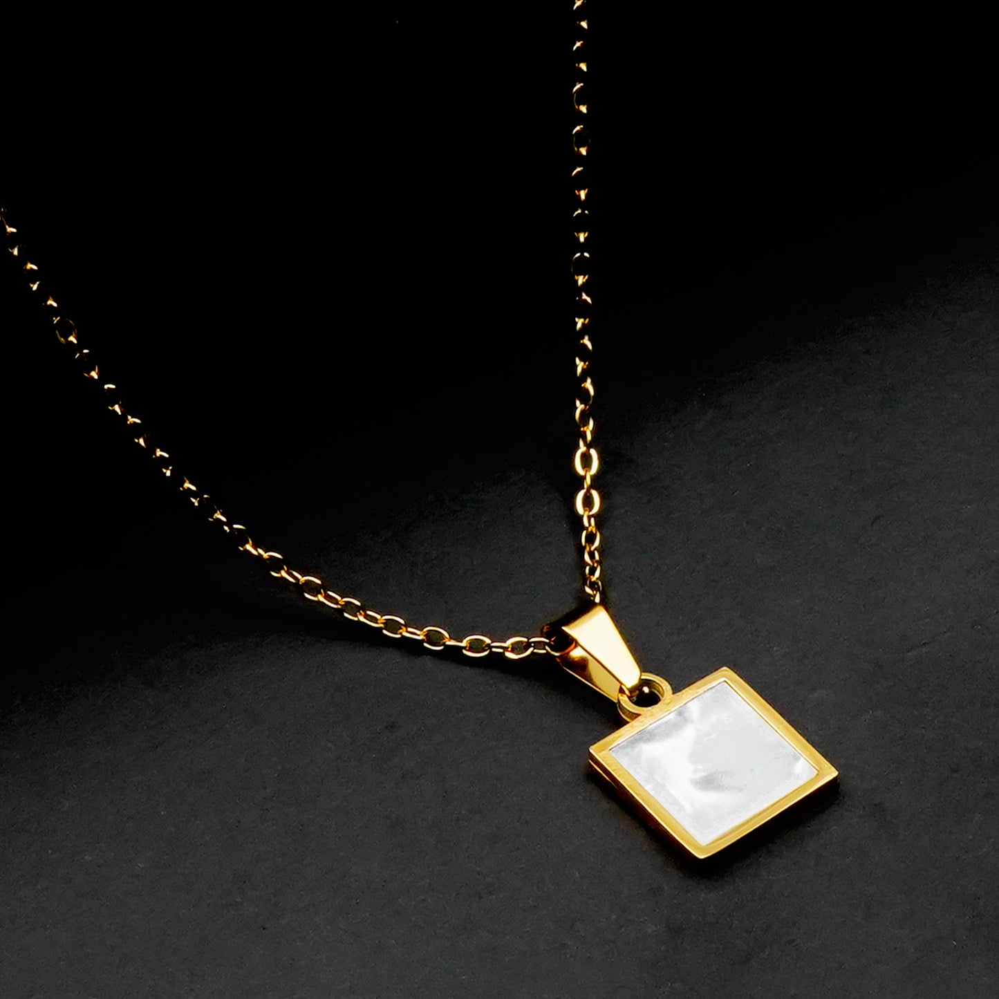 White Square pendant with golden cable chain -316L