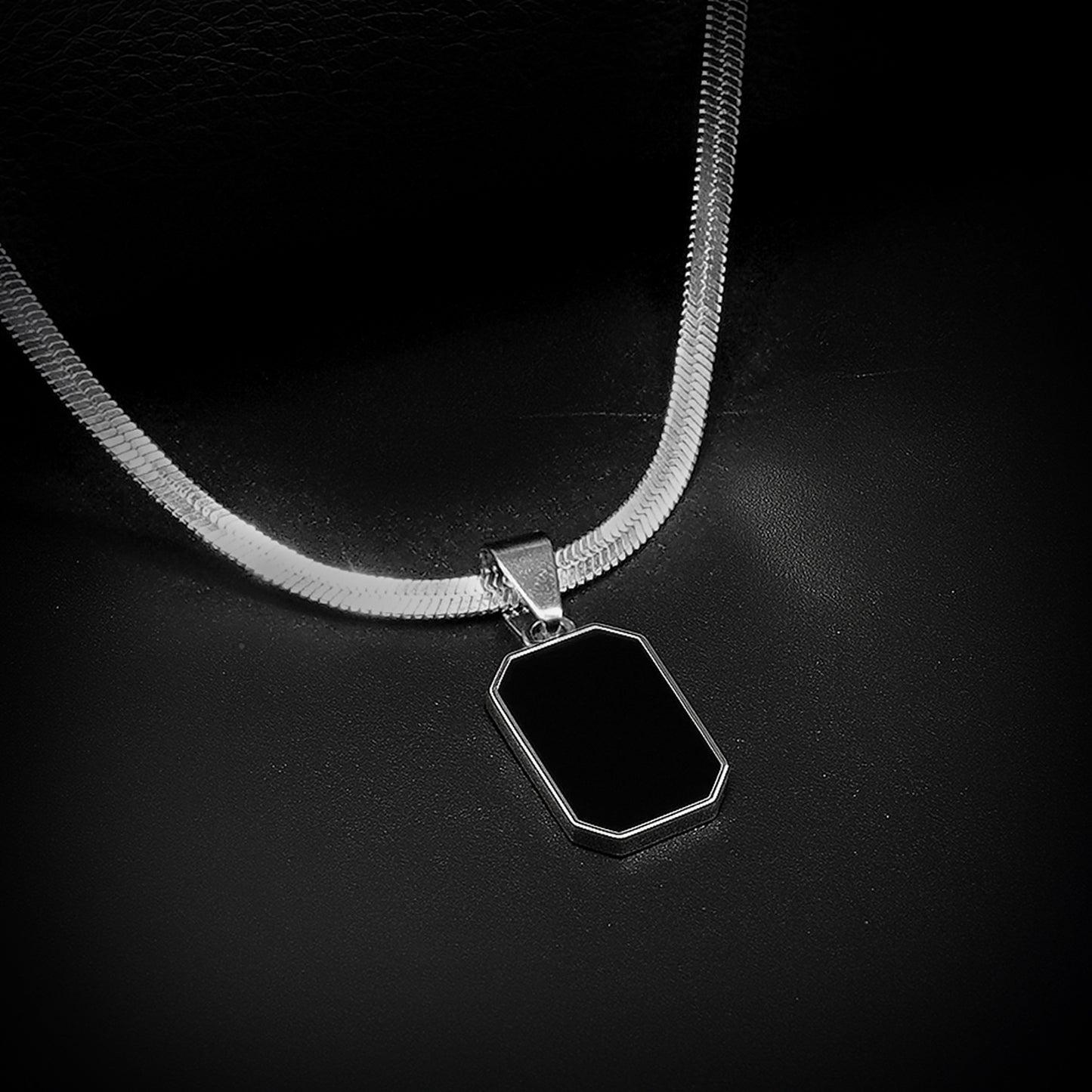Silver Rectangular Pendant with Silver Herringbone Chain -316L