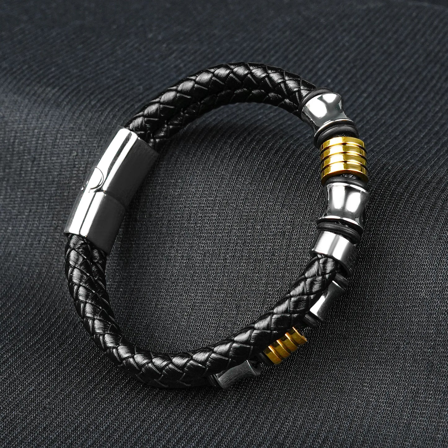 12mm Brown Woven Leather Bracelet with Silver & Golden Touch -316L