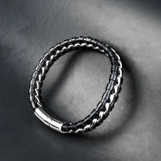 12mm Silver weave leather bracelet -316L