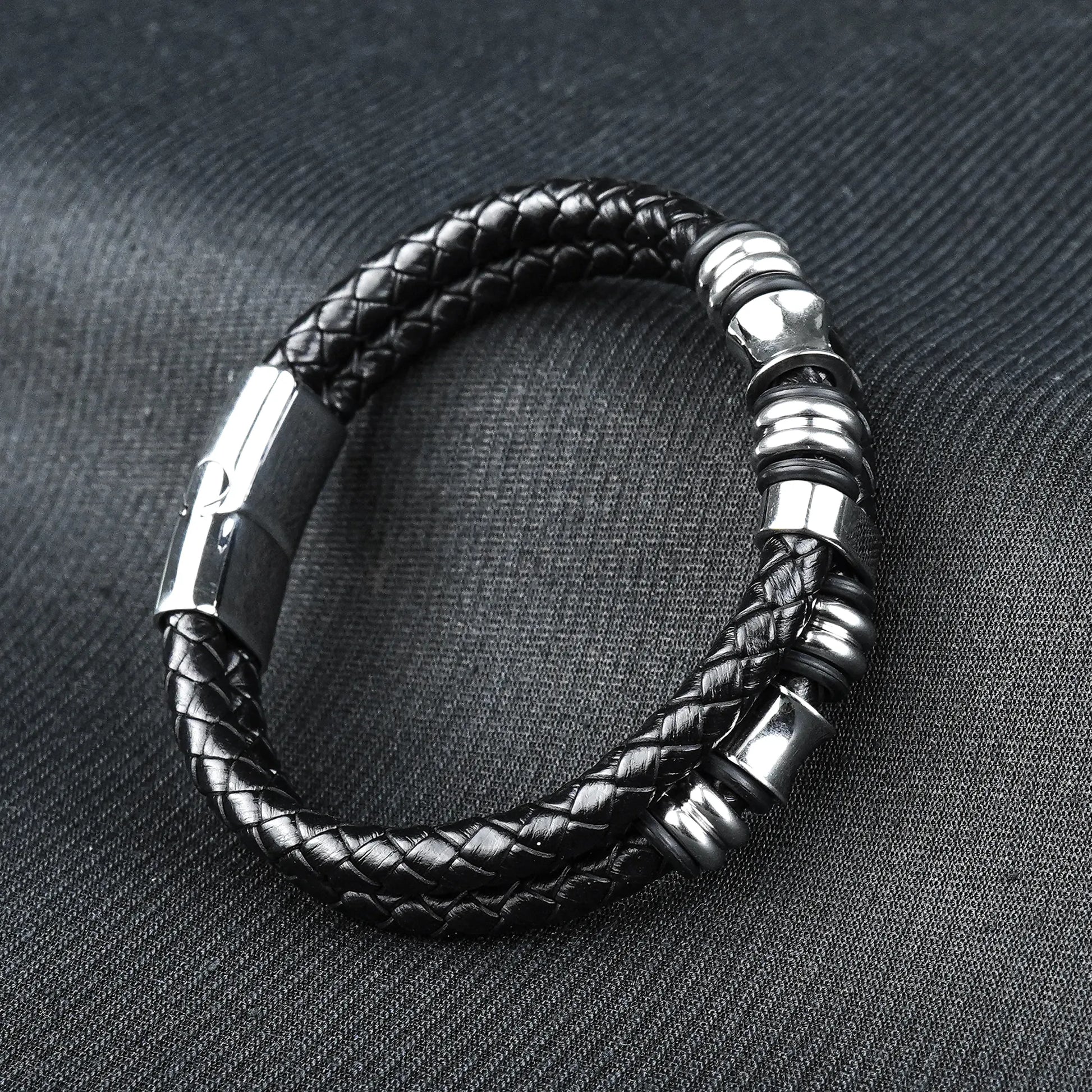 Brown Woven Men's Leather Bracelet with Silver Touch