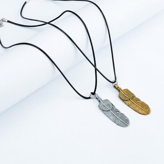 Pair of Flex Golden & Silver Feather pendant with Black rope -316L