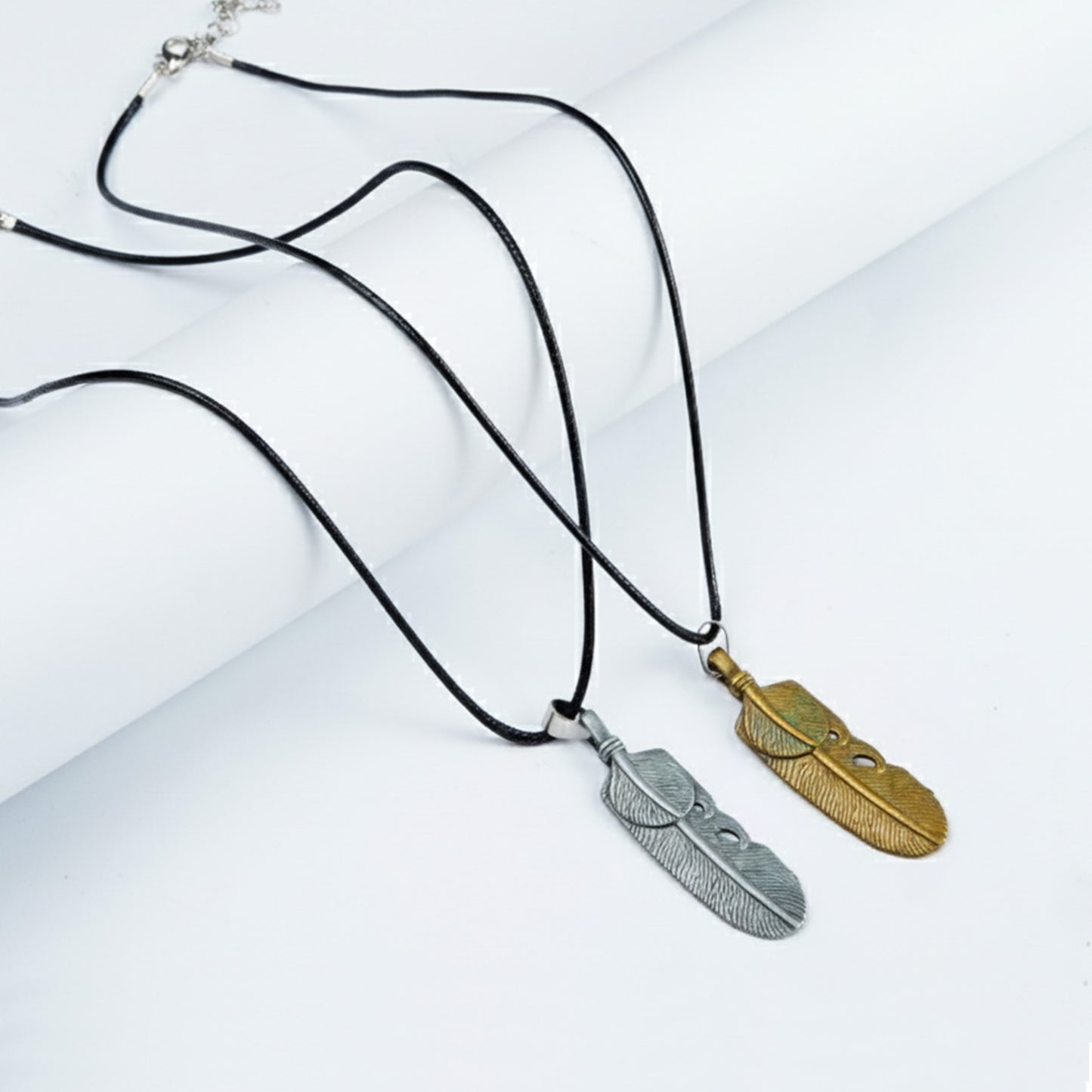 Pair of Flex Golden & Silver Feather pendant with Black rope -316L