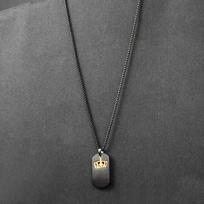 Black Engraving Crown Rectangle pendant with Roundcut chain -316L