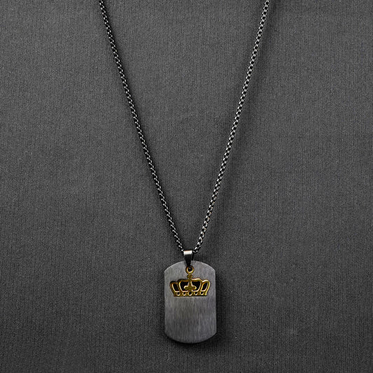 Black Engraving Crown Rectangle pendant with Roundcut chain -316L