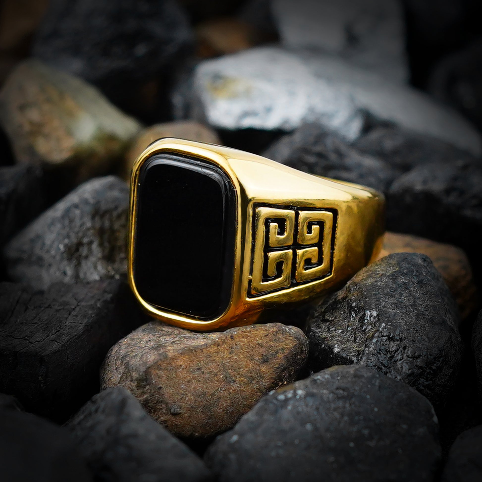 Black Stone Meander Rings For Men