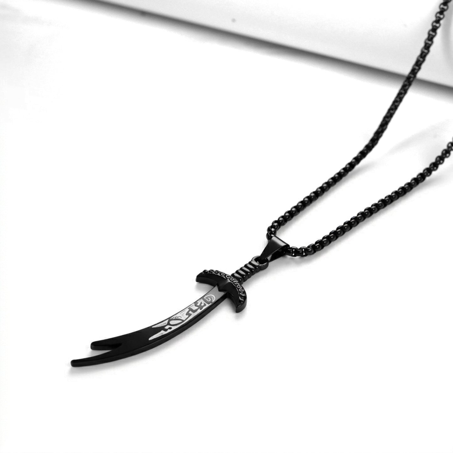 Deep Black Zulfiqar Sword Necklace with Rounded Box Chain