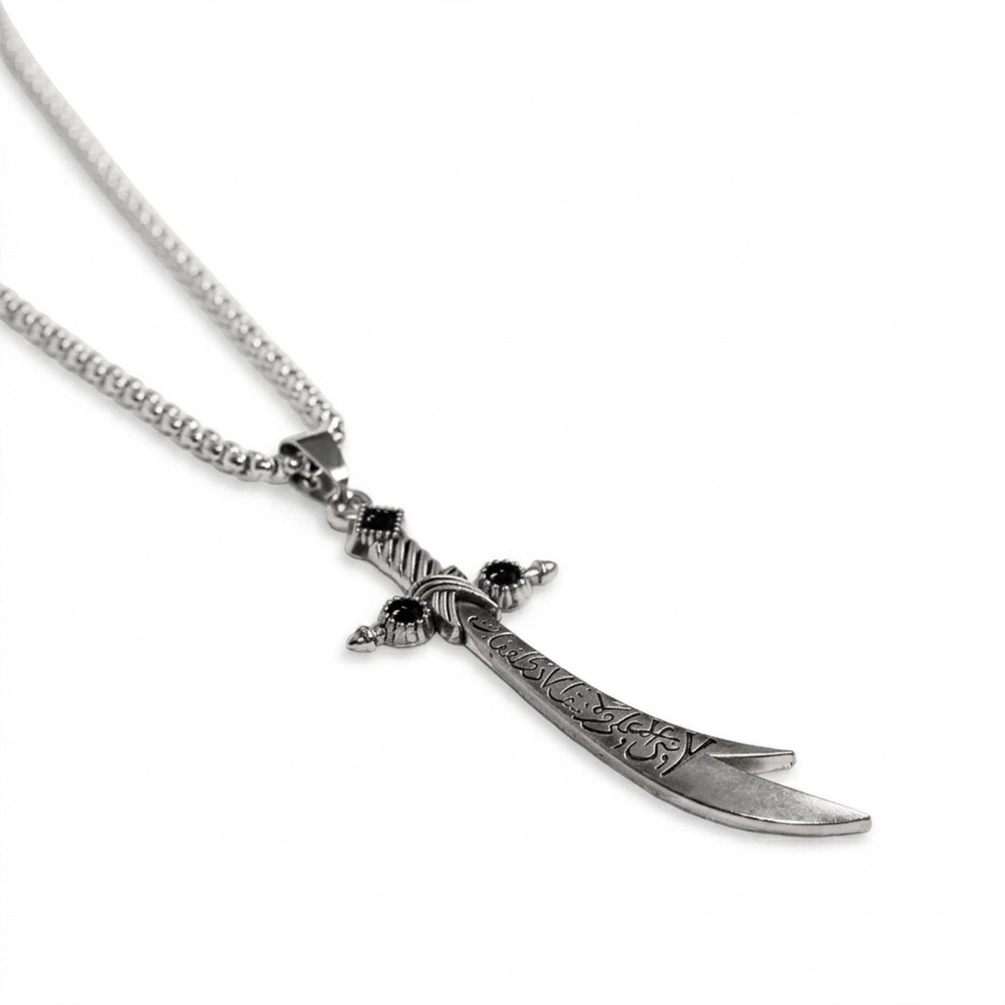 Gemstone Accented Silver Zulfiqar Pendant with Square Box Chain
