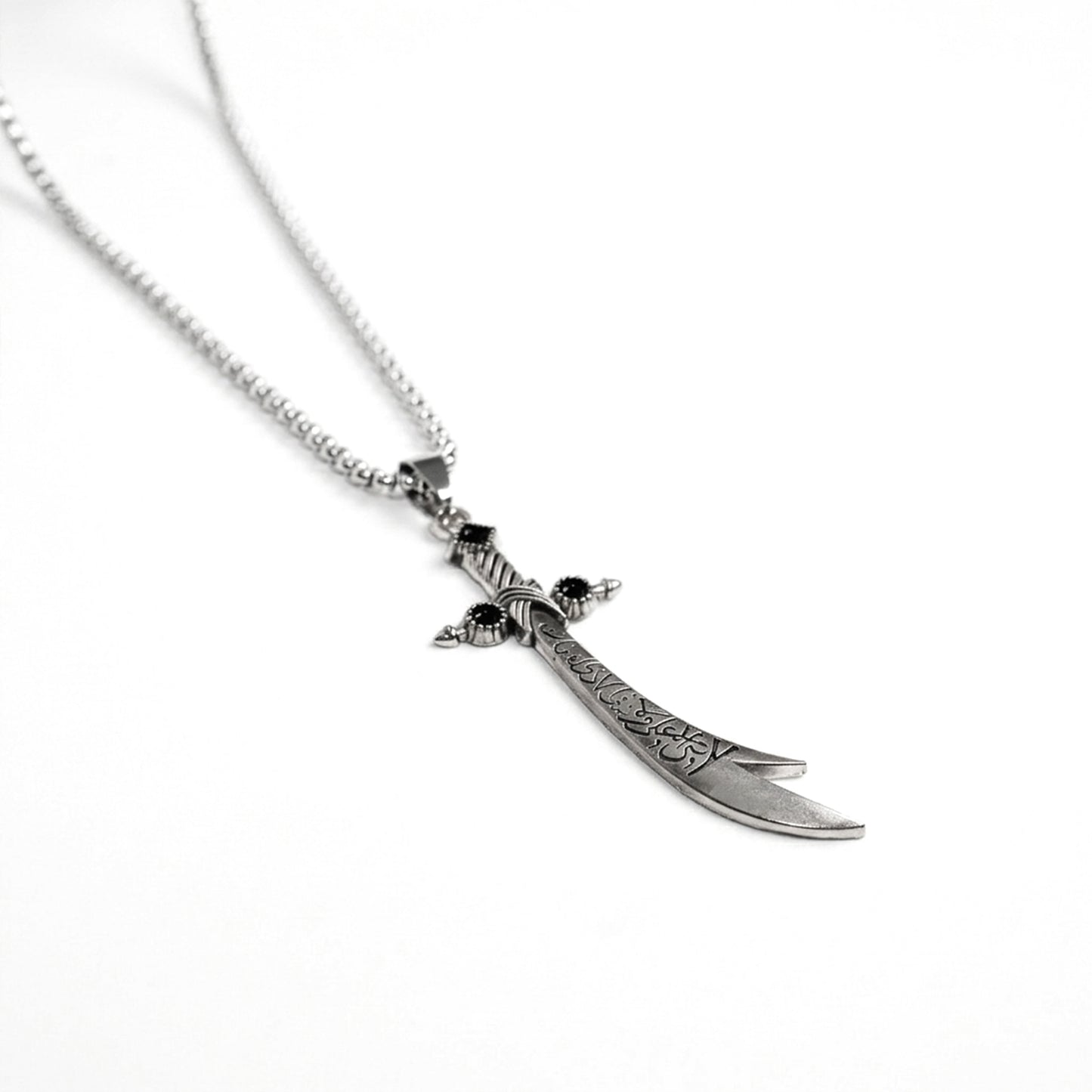 Gemstone Accented Silver Zulfiqar Pendant with Square Box Chain