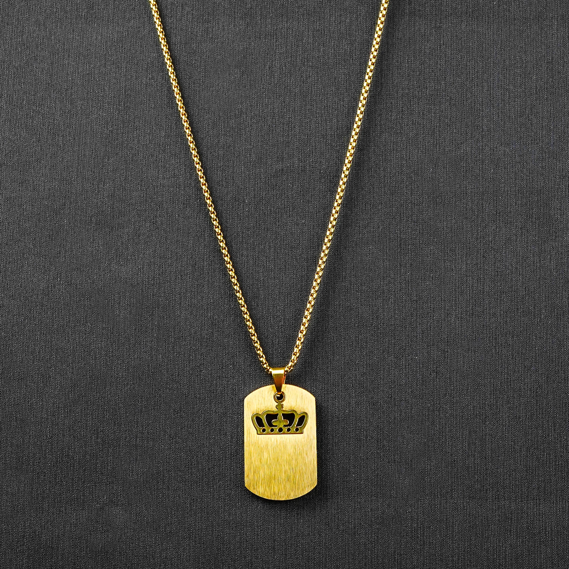 Golden Engraving Crown Rectangle pendant with Roundcut chain -316L