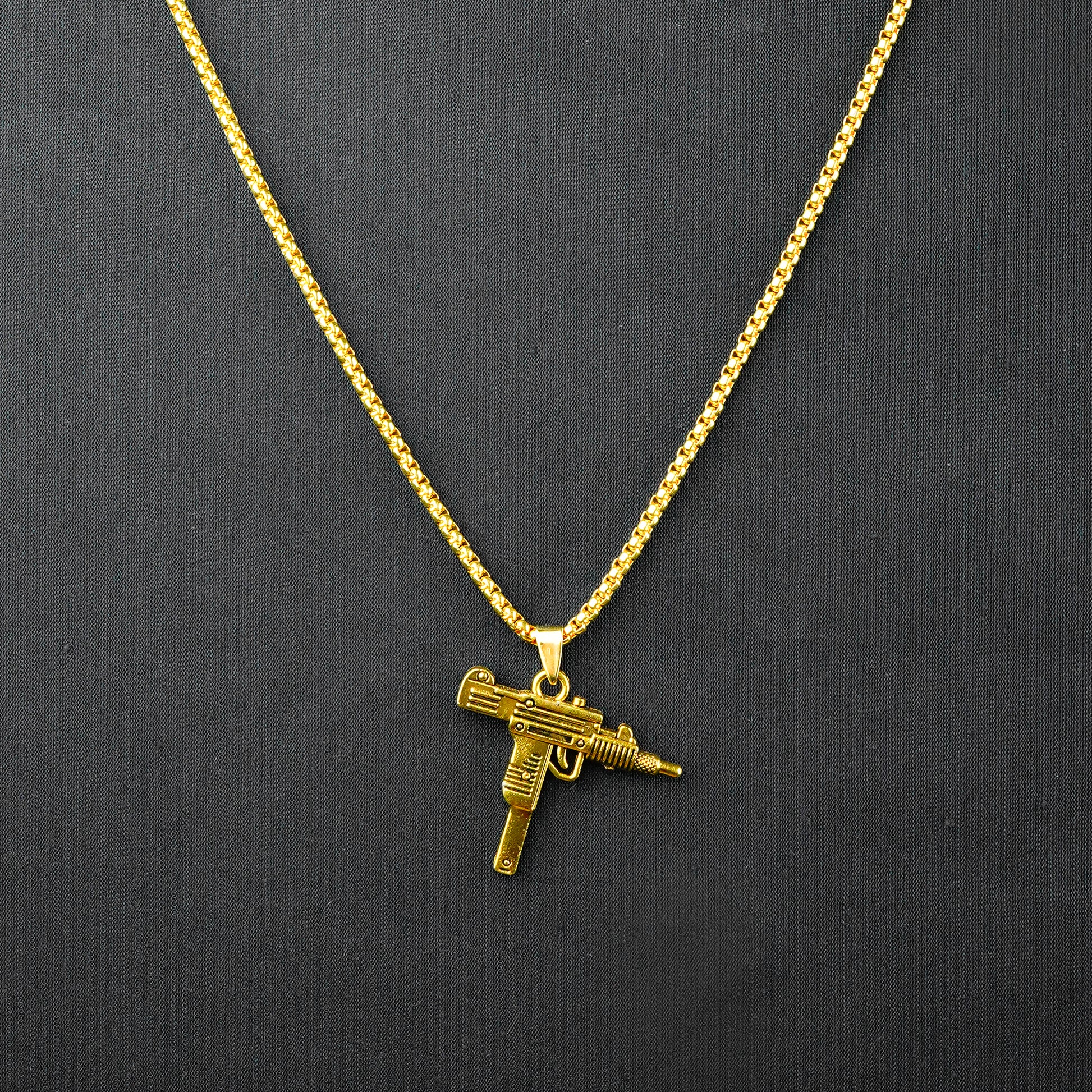 Golden Uzi Gun Pendant with Golden Roundcut Chain