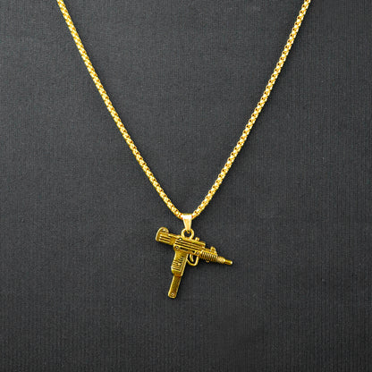 Golden Uzi Gun Pendant with Golden Roundcut Chain