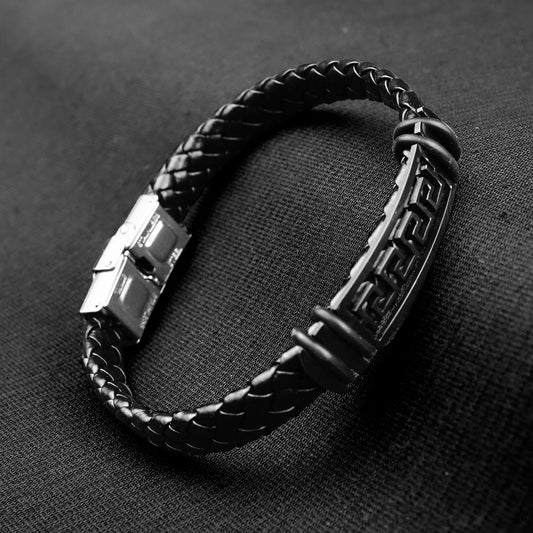 Black Meander Leather Braid Trap Bracelet