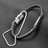 9mm Black Greek key Leather & chain Strap bracelet -316L