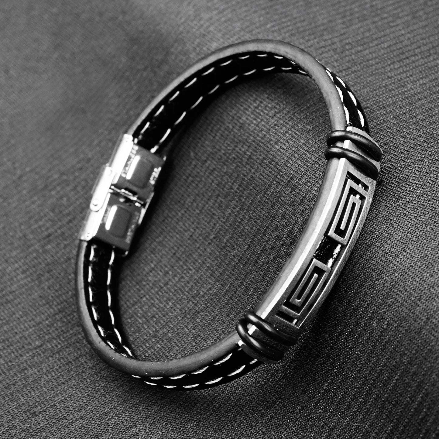 10mm Silver Meander Stitched Leather Strap Bracelet