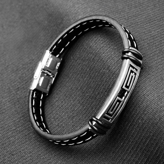 10mm Silver Meander Stitched Leather Strap Bracelet