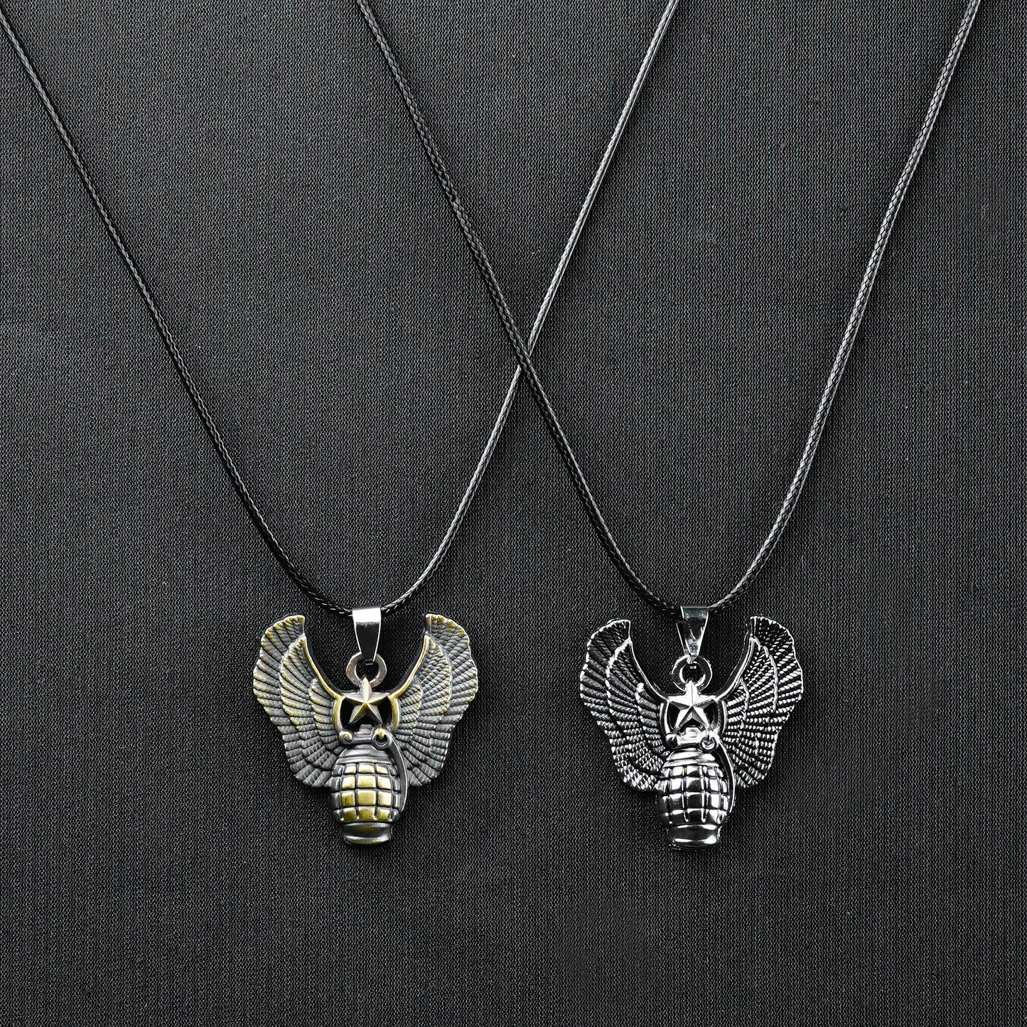 Pair of Silver & Golden Star Wings pendant with Black rope -316L