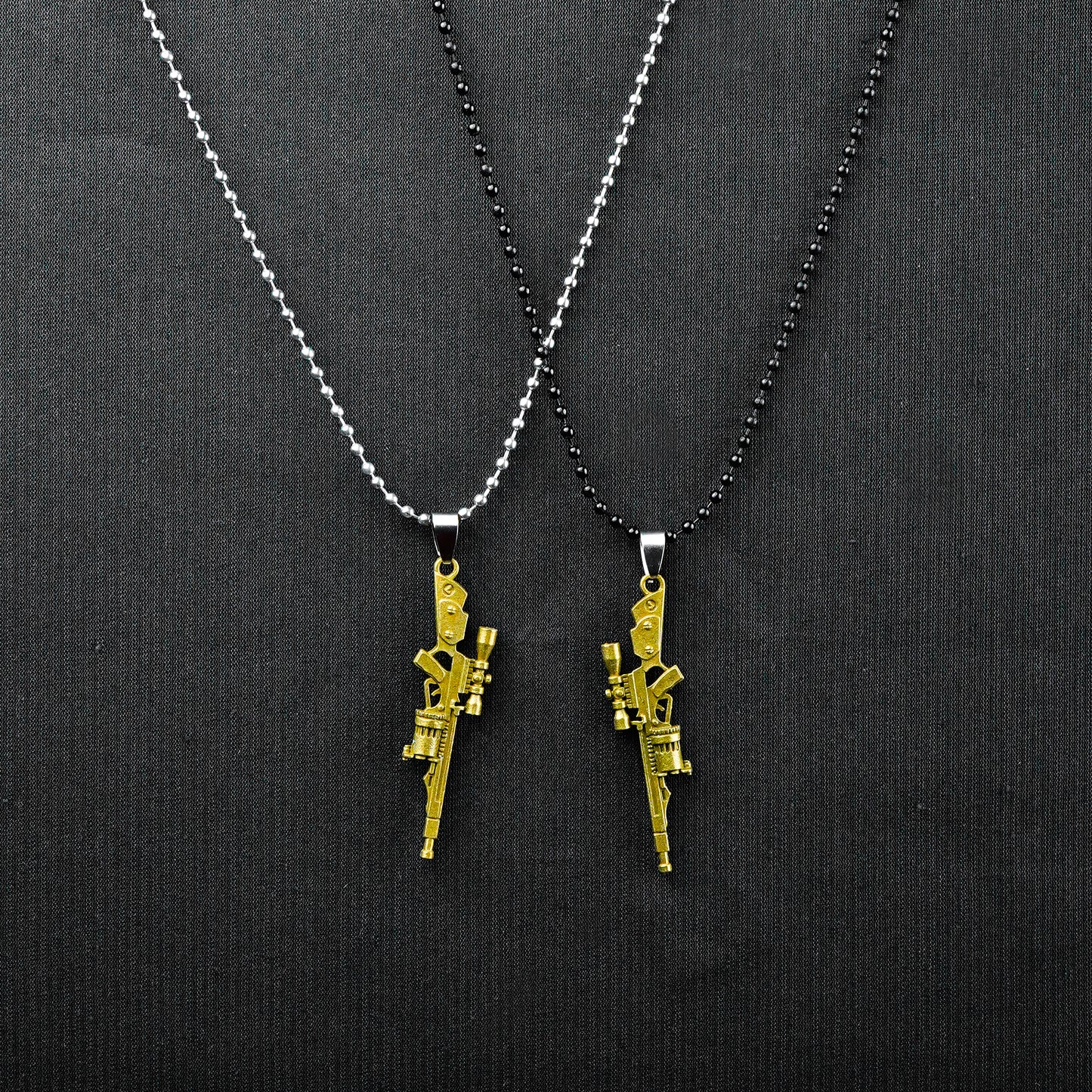 Pair of Golden Rifle pendant with Black & Silver Bead Chain -316L