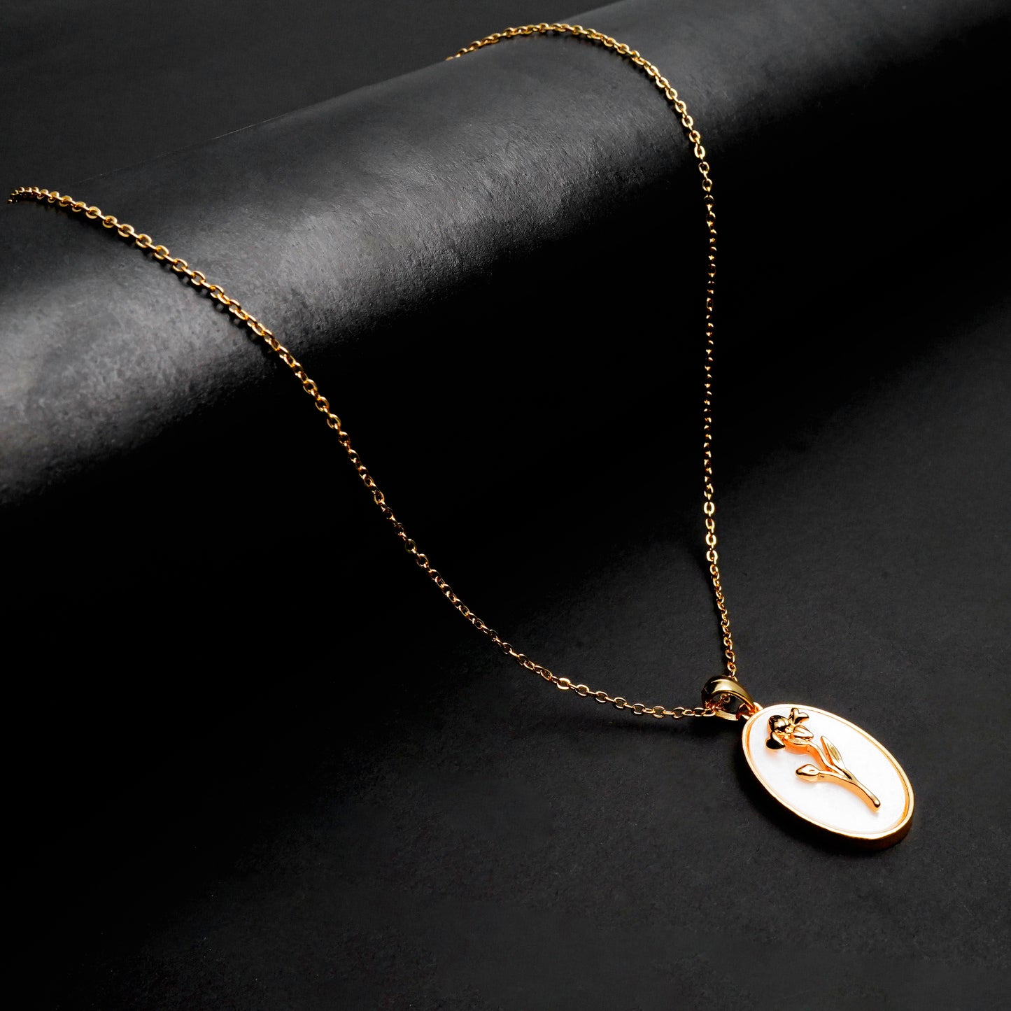 White Oval Flower pendant with golden cable chain -316L