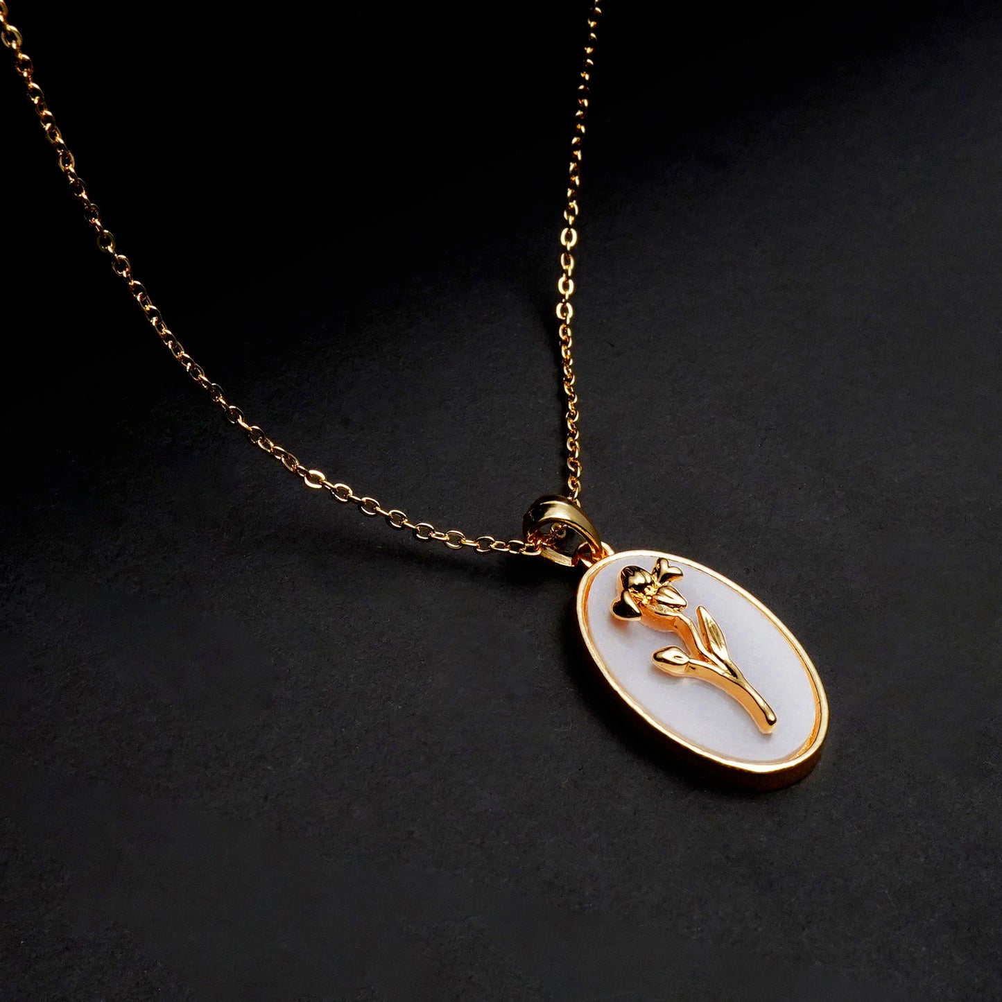 White Oval Flower pendant with golden cable chain -316L