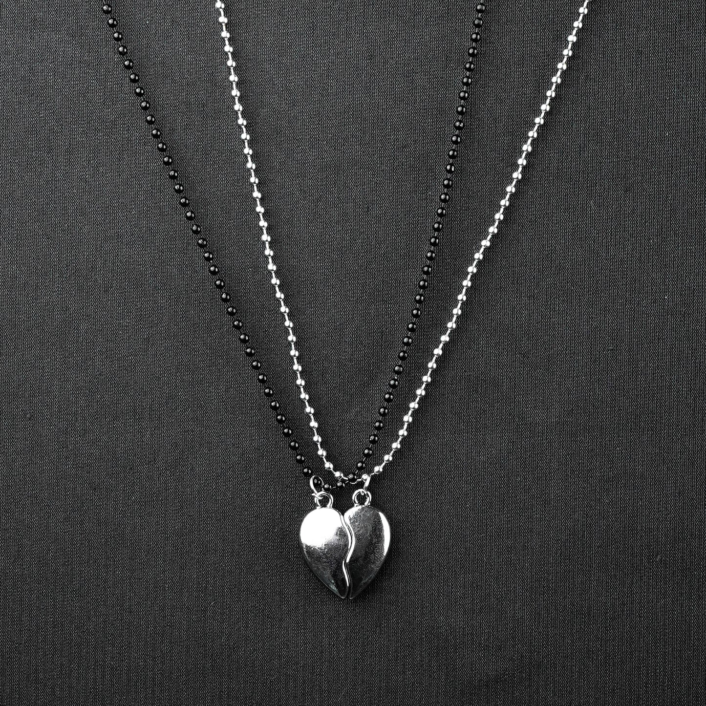 Magnetic Broken Heart Couple pendant with Silver & Black bead chain
