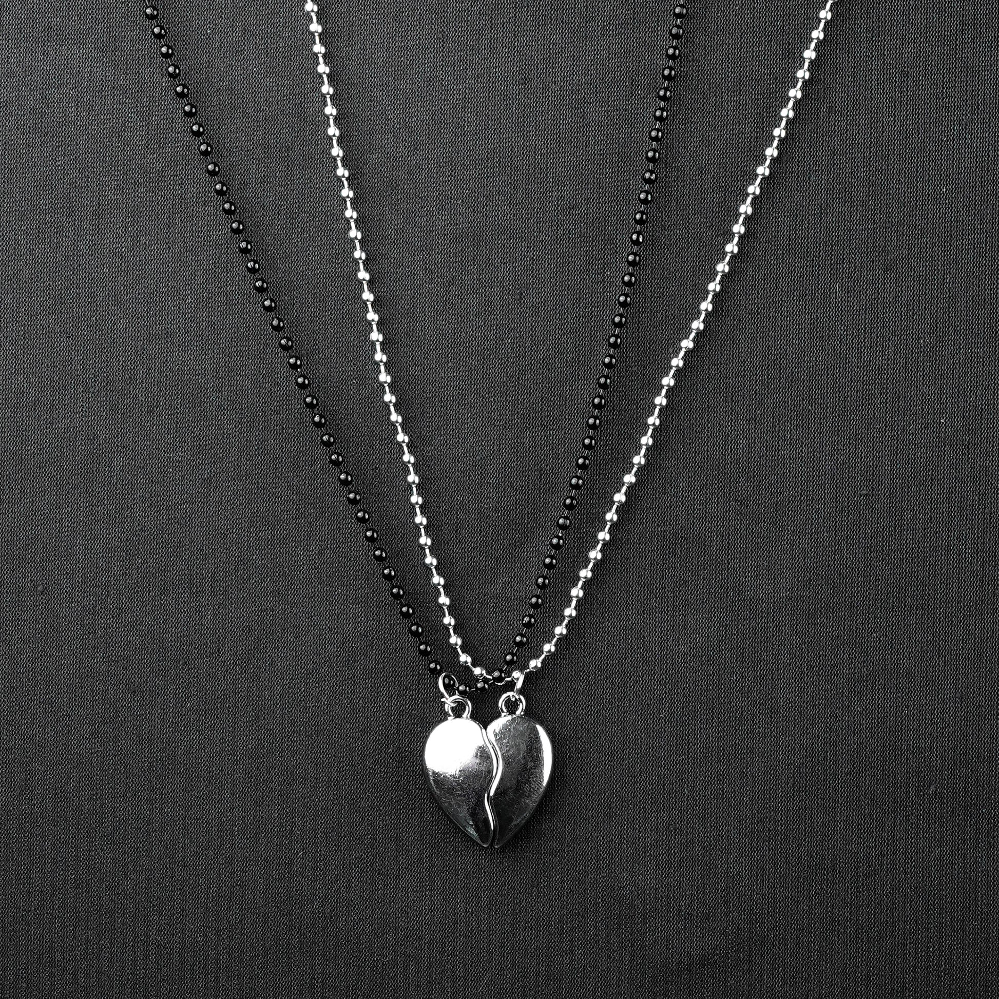 Magnetic Broken Heart Couple pendant with Silver & Black bead chain