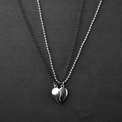 Magnetic Broken Heart Couple pendant with Silver & Black bead chain