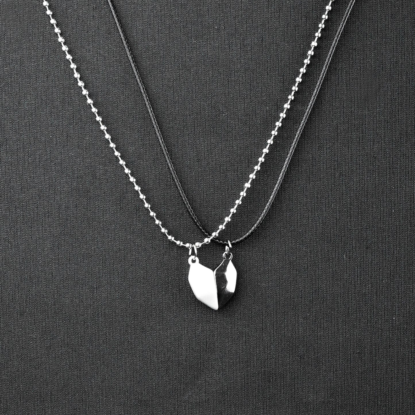 Magnetic Heart Couple pendant with Silver bead chain & Black rope